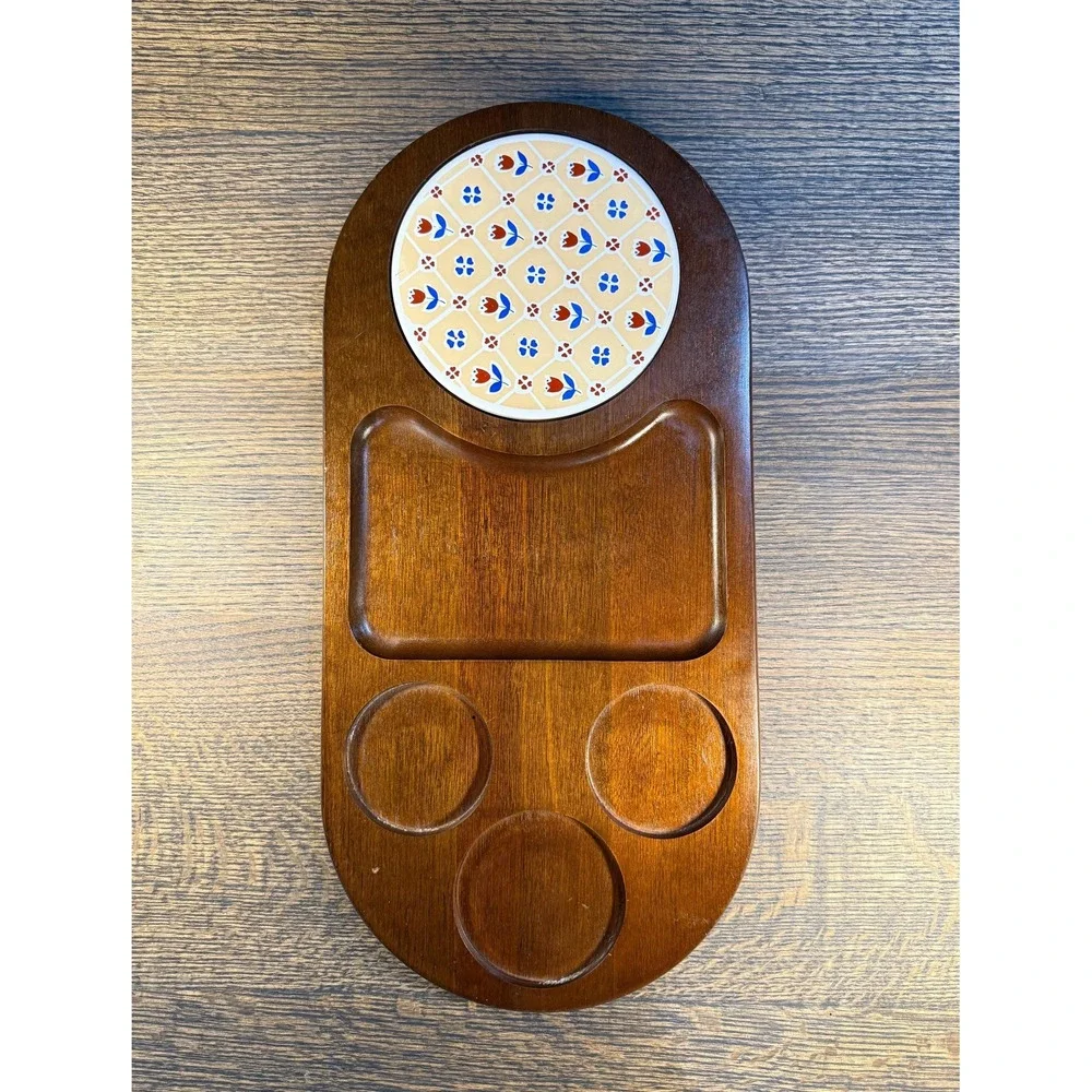 Mid-Century Wood Serving Tray with Ceramic‎ Tile: Gailstyn-Sutton, Taiwan